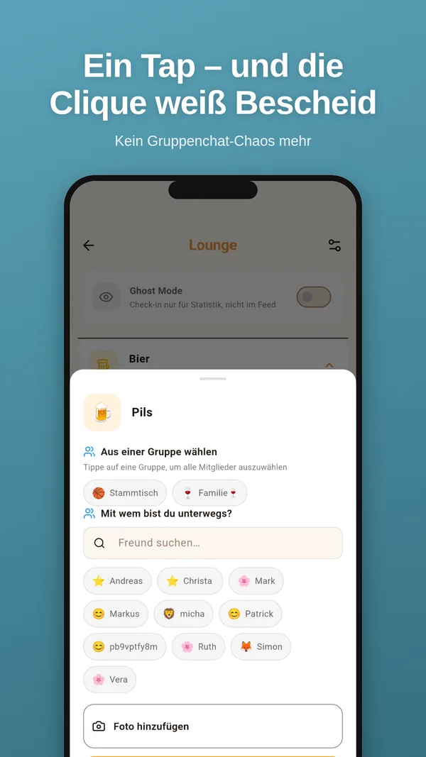Check-in mit einem Tap: Gruppe wählen, Getränk wählen, fertig