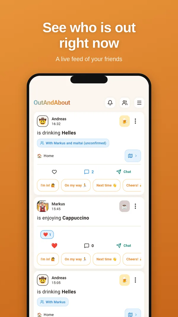 OutAndAbout feed: see who from your circle is out right now