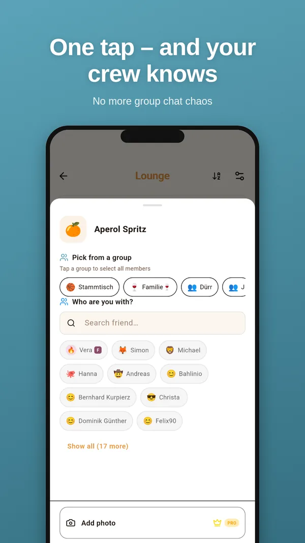 One-tap check-in: pick a group, pick a drink, done